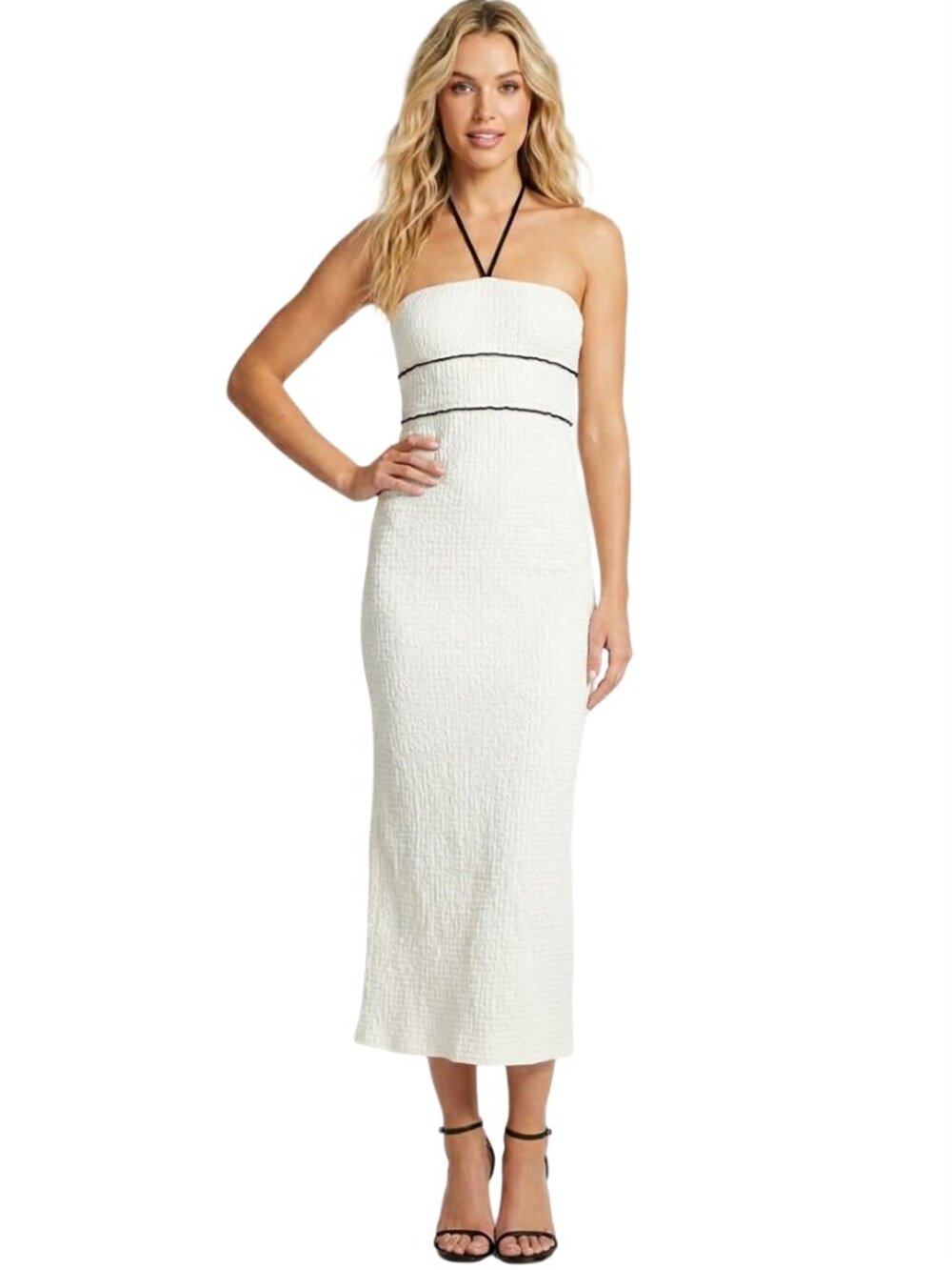 See You Monday Crinkle Knit Maxi Dress Tube Bodycon Halter Cream Black Piping